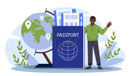 Illustration for Abstract travel or tourism concept. Man waving next to giant travel items, with a world map, tickets, and a passport, on a white background, concept of travel. Flat vector illustration - Royalty Free Image