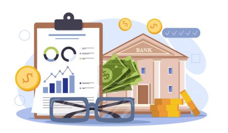 Financial analysis. Tax report with graphs and diagrams near house. Financial literacy, budgeting and accounting. Passive income, investing and trading. Cartoon flat vector illustration