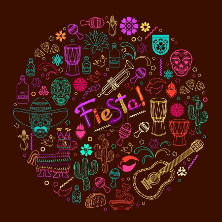 Illustration for Fiesta pattern. Mexican colorful outline symbols isolated on brown background. Guitar, skull, maracas, cactus, pinata. Circle shape. Design for card, textile, wrapping. Hand drawn vector illustration. - Royalty Free Image