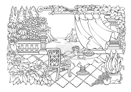 Romantic terrace overlooking the sea. Coloring Pages. Coloring Book for adults. Anti-stress colouring page with balustrade, and flowers. Freehand linear style. Vector illustration in black and white.