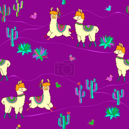 Téléchargez les illustrations : Llama seamless pattern. Animals and cacti on violet background. Bright backdrop with Latin American Mexican symbols. Alpaca, cactus. Cartoon colorful modern hand-drawn bright vector illustration. - en licence libre de droit