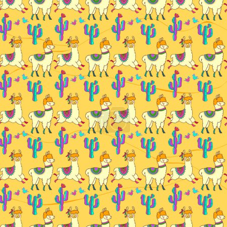 Téléchargez les illustrations : Llama seamless pattern. Animals and cacti on yellow background. Striped backdrop with Latin American Mexican symbols. Alpaca, cactus. Cartoon colorful modern hand-drawn bright vector illustration. - en licence libre de droit