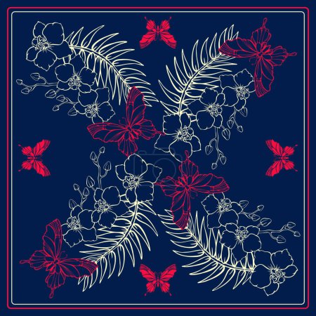 Illustration for Botanical square pattern with tropical flowers and butterflies. Outline plants. Hibiscus, orchid. The hand-drawn light line on dark blue. The Scarf pattern design. Bandana. Vector illustration. - Royalty Free Image