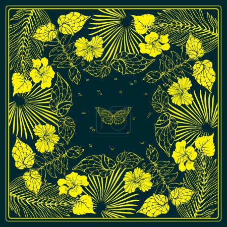 Illustration for Botanical square pattern with, tropical leaves, flowers, and butterfly. Hand-drawn silhouettes of insects, tropical plants. Yellow line on dark blue. The Scarf pattern design. Bandana. Vector. - Royalty Free Image