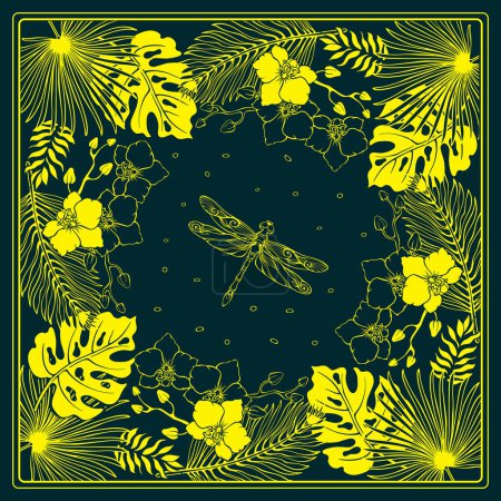 Illustration for Botanical square pattern with, tropical leaves, flowers, and dragonfly. Hand-drawn silhouettes of insects, tropical plants. Yellow line on dark blue. The Scarf pattern design. Bandana. Vector. - Royalty Free Image
