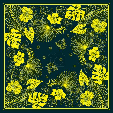 Illustration for Botanical square pattern with, tropical leaves, flowers, and bumblebees. Hand-drawn silhouettes of insects, tropical plants. Yellow line on dark blue. The Scarf pattern design. Bandana. Vector. - Royalty Free Image