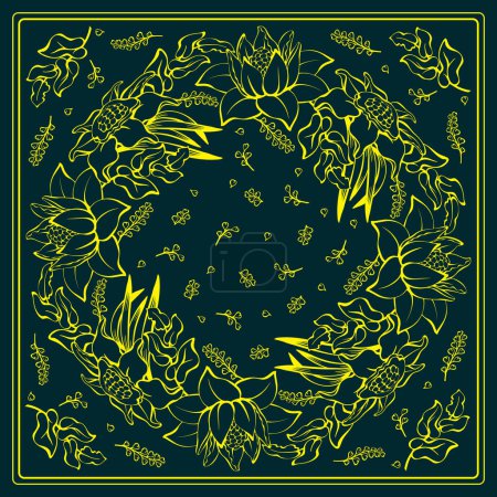 Illustration for Botanical square pattern with tropical leaves and flowers. Hand-drawn silhouettes of decorative plants. The yellow line on dark blue. The Scarf pattern design. Bandana. Vector illustration. - Royalty Free Image