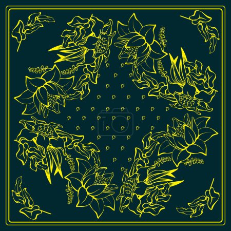 Illustration for Botanical square pattern with tropical leaves and flowers. Hand-drawn silhouettes of decorative plants. The yellow line on dark blue. The Scarf pattern design. Bandana. Vector illustration. - Royalty Free Image
