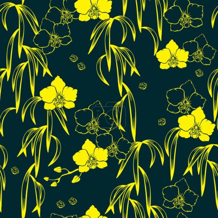 Illustration for Orchid and leaf. Seamless pattern with tropical leaves, flowers. Silhouettes of jungle plants. Botanical outline hand-drawn sketch. Yellow line on a dark blue. Vector illustration. - Royalty Free Image
