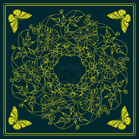 Illustration for Botanical square pattern with leaves and butterflies. Hand-drawn silhouettes of insects, tropical plants. Yellow line on dark blue. The Scarf pattern design. Bandana, Butterfly. Vector illustration. - Royalty Free Image