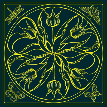 Illustration for Botanical square pattern with tulips and butterflies. Hand-drawn silhouettes of insects and flowers. The yellow line on dark blue. The Scarf pattern design. Bandana. Mandala. Vector illustration. - Royalty Free Image
