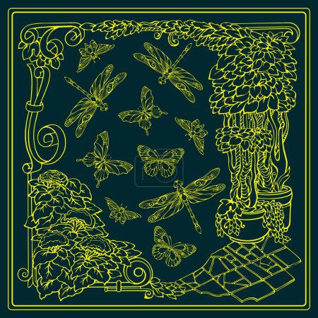 Illustration for Botanical square pattern with tropical plants, dragonflies, and butterflies. Hand-drawn silhouettes of insects and trees. The yellow line on dark blue. The Scarf pattern design. Bandana. Vector. - Royalty Free Image