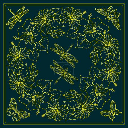 Illustration for Botanical square pattern with hibiscus, dragonflies, and butterflies. Hand-drawn silhouettes of insects and tropical flowers. Yellow line on dark blue. The Scarf pattern design. Vector illustration. - Royalty Free Image