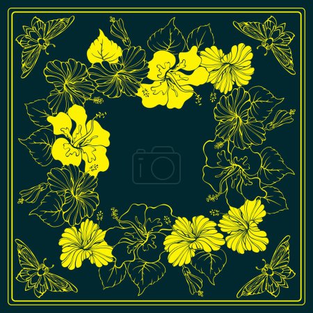 Illustration for Botanical square pattern with hibiscus and butterflies. Hand-drawn silhouettes of insects and tropical flowers. The yellow line on dark blue. The Scarf pattern design. Bandana. Vector illustration. - Royalty Free Image