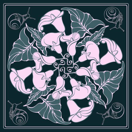 Illustration for Botanical square pattern with snails and lilies. Hand-drawn silhouettes of molluscans and flowers. The light line on dark grey. The Scarf pattern design. Bandana. Mandala. Vector illustration. - Royalty Free Image