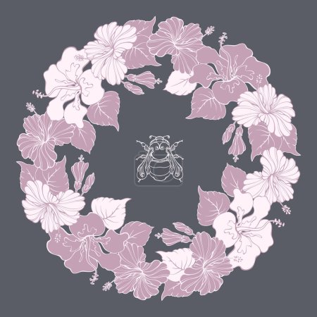 Illustration for Botanical circle pattern with hibiscus and bumblebee. Hand-drawn insect and tropical flowers. Wreath with pink flowers on grey background. The Scarf pattern design. Mandala. Vector illustration. - Royalty Free Image