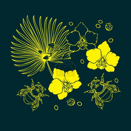 Illustration for Botanical pattern with tropical flowers and bumblebees. Hand-drawn silhouettes of insects and jungle plants. Orchid, palm leaf. The yellow line on dark blue. Floral vector illustration. - Royalty Free Image