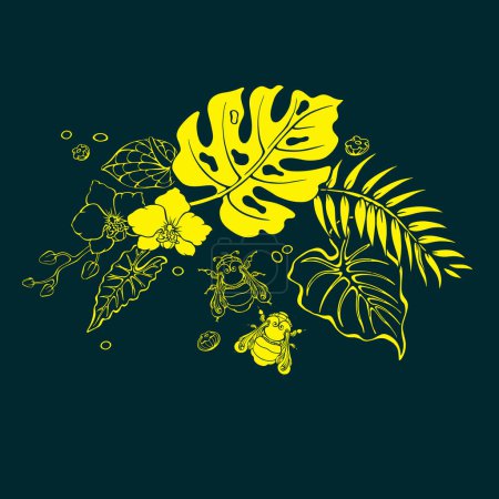 Illustration for Botanical pattern with tropical flowers and bumblebees. Hand-drawn silhouettes of insects and jungle plants. Orchid, monstera, palm leaf. The yellow line on dark blue. Floral vector illustration. - Royalty Free Image