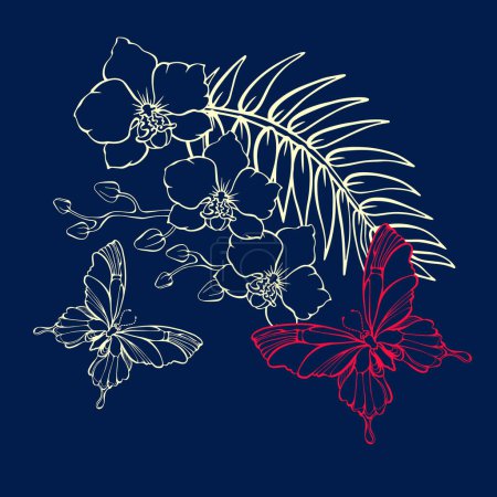 Illustration for Botanical pattern with tropical flowers and butterflies. Hand-drawn silhouettes of insects and jungle plants. Orchid, palm leaf, butterfly. Light line on dark blue. Floral vector illustration. - Royalty Free Image