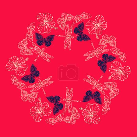 Illustration for Botanical pattern with tropical flowers, butterflies, and dragonflies. Hand-drawn silhouettes of insects and jungle plants. Hibiscus, dragonfly, butterfly. Light line on red. Floral vector. - Royalty Free Image