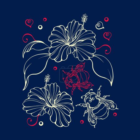 Illustration for Botanical pattern with tropical flowers and bumblebees. Hand-drawn silhouettes of insects and jungle plants. Hibiscus, palm leaf, bumblebee. Light line on dark blue. Floral vector illustration. - Royalty Free Image