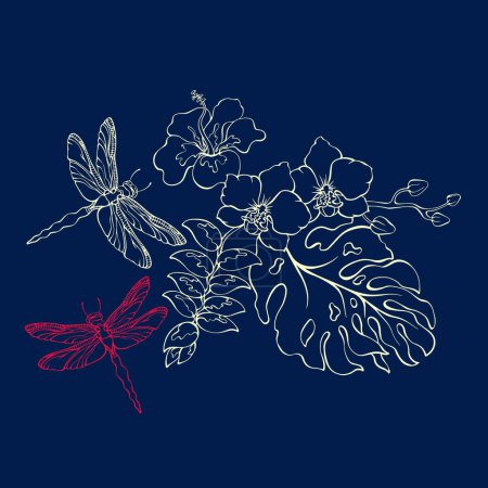 Illustration for Botanical pattern with tropical flowers and dragonflies. Hand-drawn silhouettes of insects and jungle plants. Orchid, monstera, butterfly. Light line on dark blue. Floral vector illustration. - Royalty Free Image