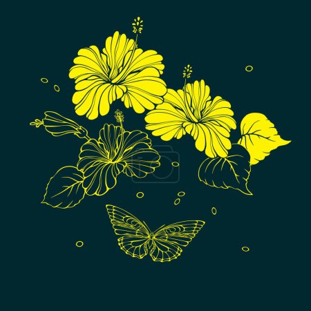 Illustration for Botanical pattern with tropical flowers and butterflies. Hand-drawn silhouettes of insects and jungle plants. Hibiscus, butterfly. A light line on blue. Floral vector illustration. - Royalty Free Image