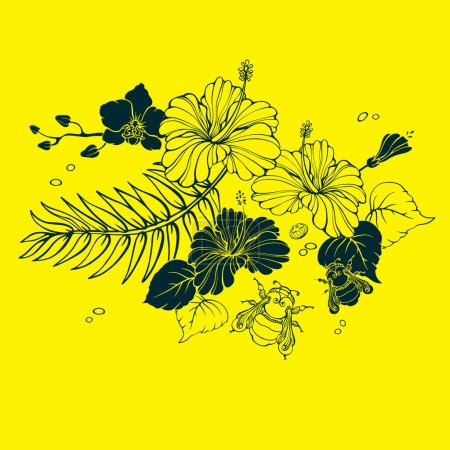 Illustration for Botanical pattern with tropical flowers and bumblebees. Hand-drawn silhouettes of insects and jungle plants. Orchid, hibiscus, bumblebee. The blue line on yellow. Floral vector illustration. - Royalty Free Image
