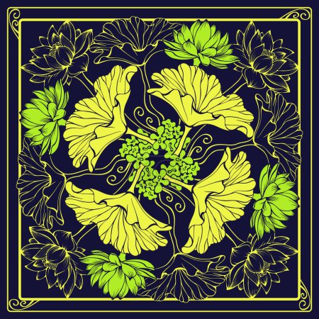 Illustration for Botanical square pattern with lotuses and leaves. Hand-drawn silhouettes of lake flowers. The yellow line on dark blue. The Scarf pattern design. Floral Bandana. Lotus, lily. Vector illustration. - Royalty Free Image