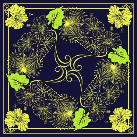 Illustration for Botanical square pattern with tropical flowers and leaves. Hand-drawn silhouettes of jungle plants. The yellow line on dark blue. The Scarf pattern design. Floral Bandana with hibiscus. Vector. - Royalty Free Image