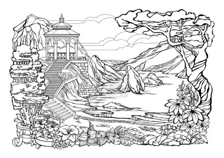 Illustration for Romantic Secluded Garden. Coloring Page with exotic plants, stairs, and a gazebo on the rock. Coloring Book. Anti-stress colouring pages. Freehand linear style. Vector illustration in black and white. - Royalty Free Image