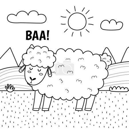 Ilustración de Una oveja diciendo baa print en blanco y negro. Página para colorear con lindo personaje de granja en un pasto verde haciendo un sonido. Tarjeta divertida con animal en estilo de dibujos animados para niños. Ilustración vectorial - Imagen libre de derechos