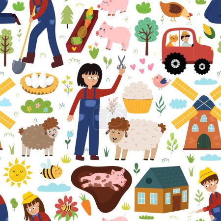 Illustration for Cute seamless pattern with farm animals and kids farmers. Girl shearing sheep, tractor, pig in mud, windmill. On the farm background in cartoon style for fabric and textile. Vector illustration - Royalty Free Image