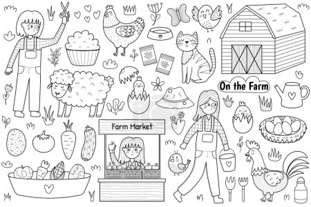Illustration for On the farm black and white set with cute animals and kids farmers. Countryside life elements in cartoon style for coloring page. Sheep shearing, farm market, hen and others. Vector illustration - Royalty Free Image