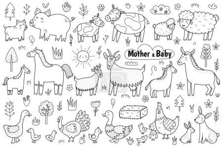 Illustration for Black and white mother and baby farm animals set. Cute coloring page with sheep, pig, cow, duck, horse, hen, goat, donkey moms and their babies. Mother Day outline bundle. Vector illustration - Royalty Free Image