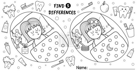 Find 5 differences activity pages for kids. Funny dental tooth maze game for school and preschool. Coloring page and puzzle for children. Vector illustration
