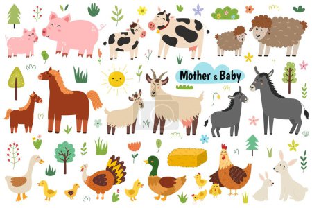 Illustration for Cute mother and baby farm animals set. Big collection with sheep, pig, cow, duck, horse, hen, goat, donkey moms and their babies. Mother Day bundle with funny animals and plants. Vector illustration - Royalty Free Image