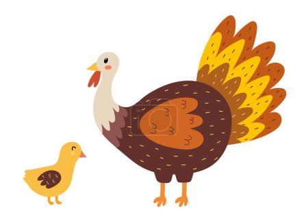 Illustration for Mother turkey with her baby poult. Cute farm animal characters mom and child. Mother Day print for kids. Vector illustration - Royalty Free Image