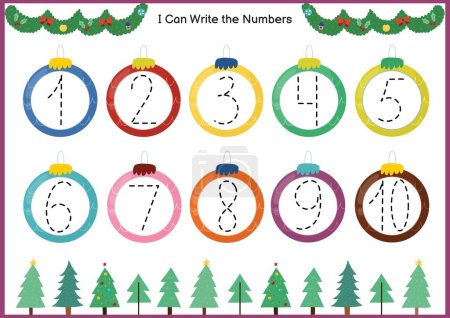Christmas numbers tracing game for kids. Learn to write numbers activity page for preschool. Educational printable worksheet. Vector illustration