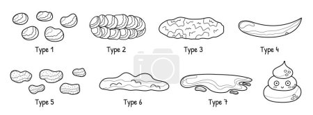 Bristol stool black and white set with different types of poo. Human feces collection from constipation to diarrhea. Great for coloring page. Vector illustration