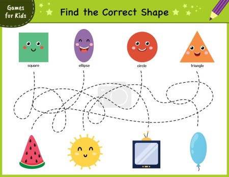 Illustration for Find the correct shape puzzle game. Maze for kids. Learning shapes activity page for preschool. Mini template for handwriting practice. Vector illustration - Royalty Free Image