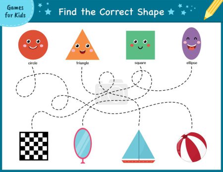 Illustration for Find the correct shape. Maze game for kids. Learning shapes activity page for preschool. Puzzle template for handwriting practice. Vector illustration - Royalty Free Image