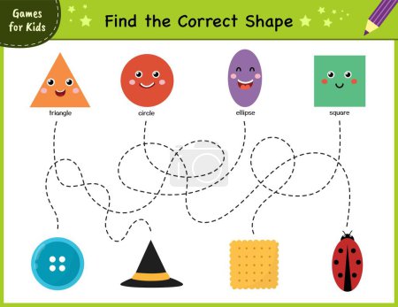 Finden Sie die richtige Form. Maze-Spiel für Kinder. Lernen prägt Aktivitätsseite für Vorschulkinder. Puzzlevorlage zum Üben der Handschrift. Vektorillustration