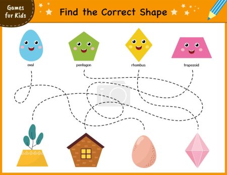 Find the correct shape mini game. Maze for kids. Learning shapes activity page for preschool. Puzzle template for handwriting practice. Vector illustration