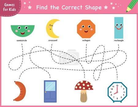 Illustration for Find the correct shape puzzle game. Maze for kids. Learning shapes activity page for preschool. Mini template for handwriting practice. Vector illustration - Royalty Free Image