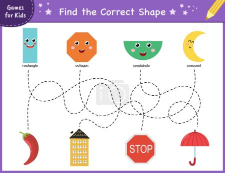 Illustration for Find the correct shape puzzle game. Fun maze for kids. Learning shapes activity page for preschool. Mini template for handwriting practice. Vector illustration - Royalty Free Image