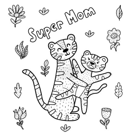 Ilustración de Super mamá para colorear página con tigres lindo mami y bebé. Impresión en blanco y negro para la actividad del día de las madres. Graciosa tarjeta de felicitación. Ilustración vectorial - Imagen libre de derechos