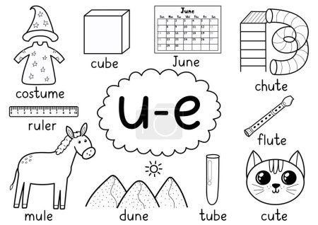 Ilustración de U-e digraph spelling rule cartel educativo en blanco y negro para niños con palabras. Aprender u-e fonética para la escuela y preescolar. Hoja de trabajo fonética. Ilustración vectorial - Imagen libre de derechos