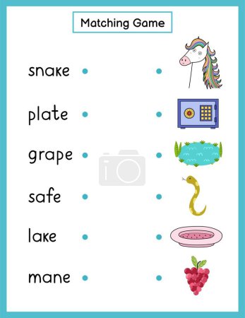 Illustration for Phonics matching game with a-e spelling rule. Match the phonics sound words with pictures activity page for kids. Vector illustration - Royalty Free Image