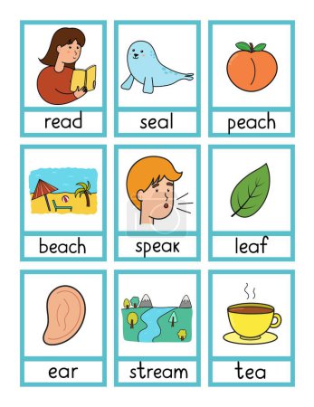 Illustration for Phonics flashcards with -ea- spelling rule. Flash cards with phonics sound words and pictures activity for kids. Vector illustration - Royalty Free Image